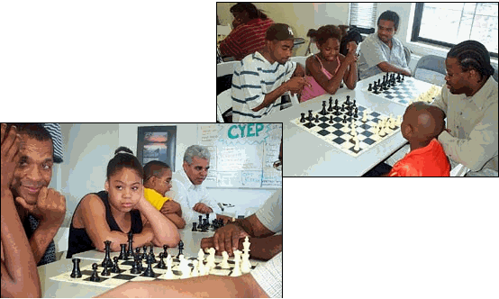 Top: FM Kenny Solomon and GM Maurice Ashley discuss finer points of the 64-square battle.  Below: FM Stephen Muhammad and NM Ernest Colding provide inspiration.