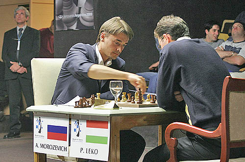 Morozevich making a move on Leko.  (Photo courtesy of WCC official site)