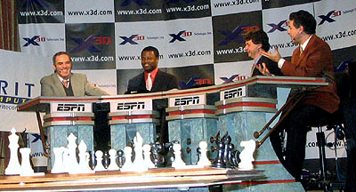 Smiles of relief: Garry Kasparov with the ESPN team. (Photo courtesy of X3D.com)