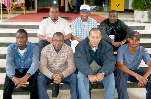 Angola's Mens Team (front row, from left to right) Catarino Domingos (Bd. 1), Amorin Agnelio (Bd. 2), IM Armindo Sousa (Bd. 3) and IM Pedro Aderito (Bd. 4); (in the rear, from left to right) Ediberto Domingos (Bd. 5) and Abilio Ribeiro (Bd. 6), and Manuel Andrade (captain). Copyright  Jerry Bibuld, 2002.