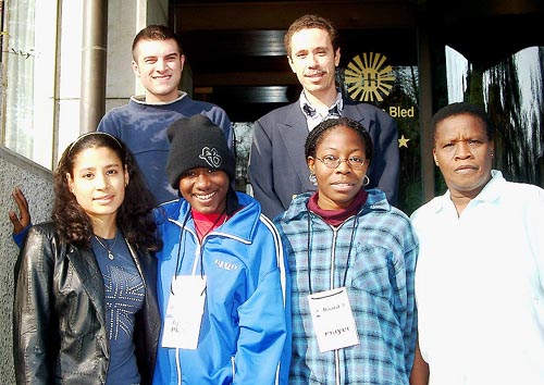 Barbados Women's Team (front row, from left to right) Nathalie Greenidge (Bd. 1), Rashida Corbin (Bd. 2), Rashaana Blenman,  (Bd. 3) and Margaret Prince (Bd. 4); (in the rear, from left to right) GM Valerian Gaprindashvili (captain), Allan Herbert (Federation President). Copyright  Jerry Bibuld, 2002.