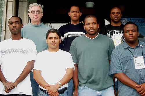 Jamaica's Men’s Team. (front row, from left to right) FM Warren Elliott (Bd. 1), Shane Matthews (Bd. 2), Jomo Pitterson (Bd. 3) and Duane Rowe (Bd. 4); (in the rear, from left to right) Robert Wheeler (Bd. 5), Mark Smith (Bd. 6), and Ian Wilkinson (captain). Copyright © Jerry Bibuld, 2002.