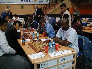 Bahrain vs. Kenya (Men). Copyright  Barbados Chess Federation, 2002.