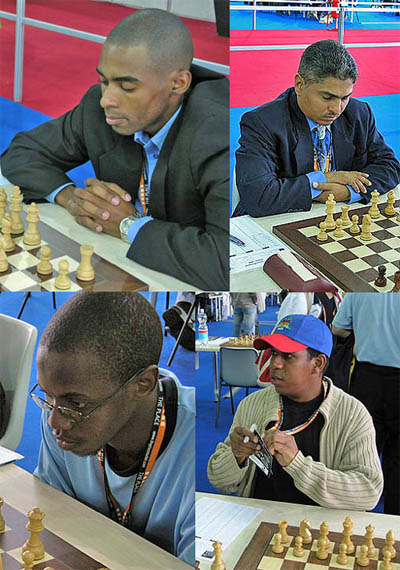 Pan-African roundtable. Clockwise: IM Kenny Solomon (South Africa), Shane Matthews (Jamaica), Afriany Velery (Haiti), FM Phemelo Khetho (Botswana). Copyright  2006, Daaim Shabazz.