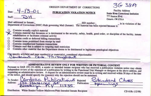 Oregon Prison Notice rejecting chess reading materials because it 