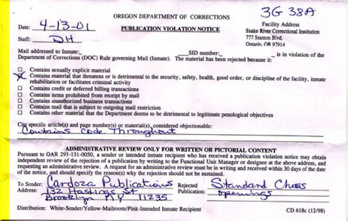 Oregon Prison Notice rejecting chess reading materials because it