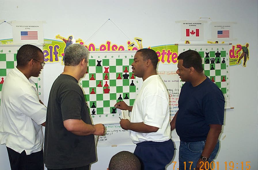 Analysis of Colding-Morrison game. (L-R) FM Stephen Muhammad, NM Ernest Colding, FM William Morrison and FM Ronald Simpson. Copyright ©, Daaim Shabazz.