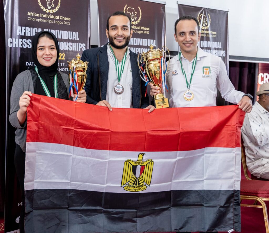 WGM Shahenda Wafa (gold-women's), GM Abdelrahman Hesham (bronze-open), GM Bassem Amin (gold-open). All photos by Babatunde Ogunsiku (Africa Chess Media)