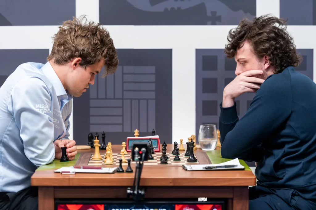 In the next round, Magnus Carlsen and Hans Niemann square off at the 2022 Sinquefield Cup in St. Louis, Missouri. Photo by Crystal Fuller