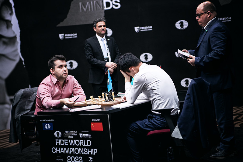 Astana, Kazakhstan. 30th Apr, 2023. China's Ding Liren (L) and Russia's Ian  Nepomniachtchi compete during their tiebreaker of FIDE World Chess  Championship in Astana, Kazakhstan, April 30, 2023. Credit: Kalizhan  Ospanov/Xinhua/Alamy Live