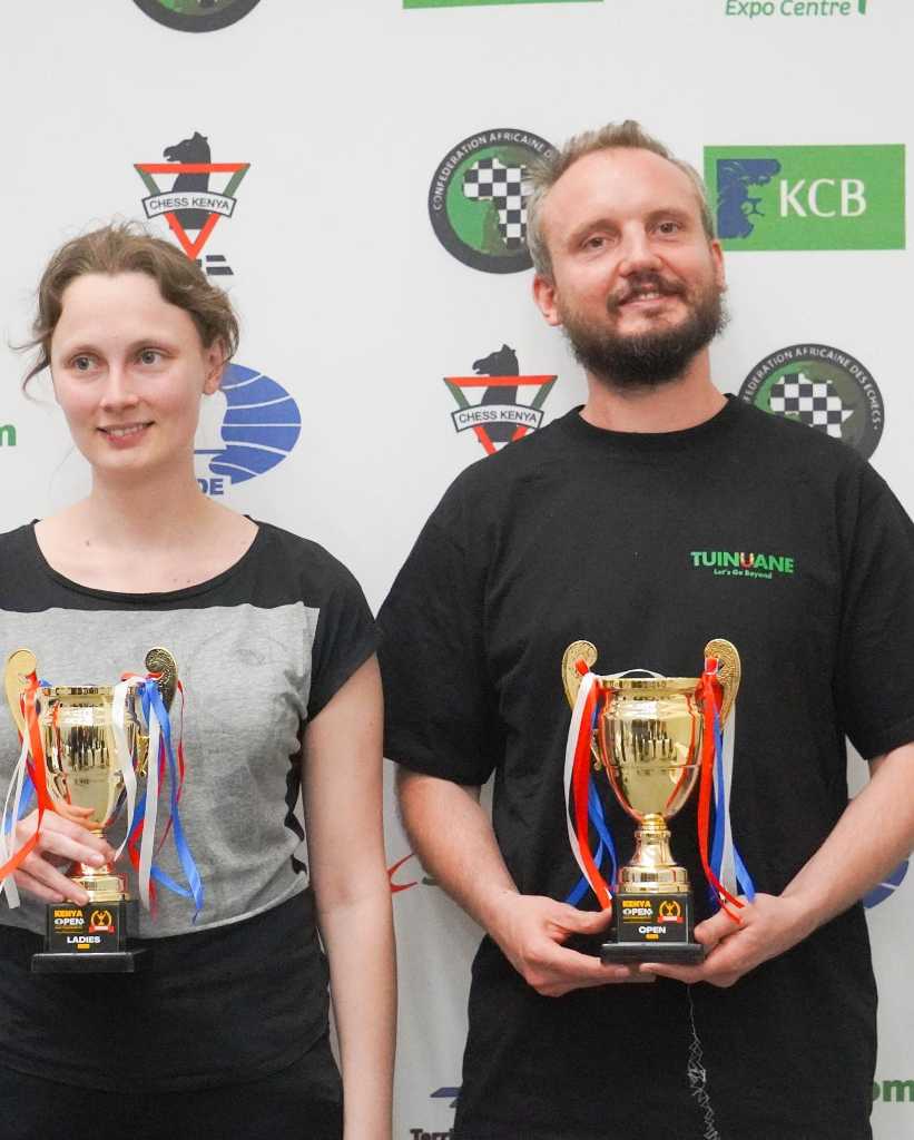 Josefine Heinemann and Timur Gareyev, winners of Kenya Chess Open 2023. Photo by Chess Kenya