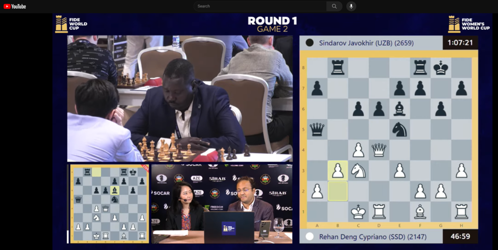 While the commentators Irene Sukandar and Sagar Shah predicted 16.b3, Rehan would play 16.f4? here missing the intermezzo 16...c5 losing the c4-pawn.