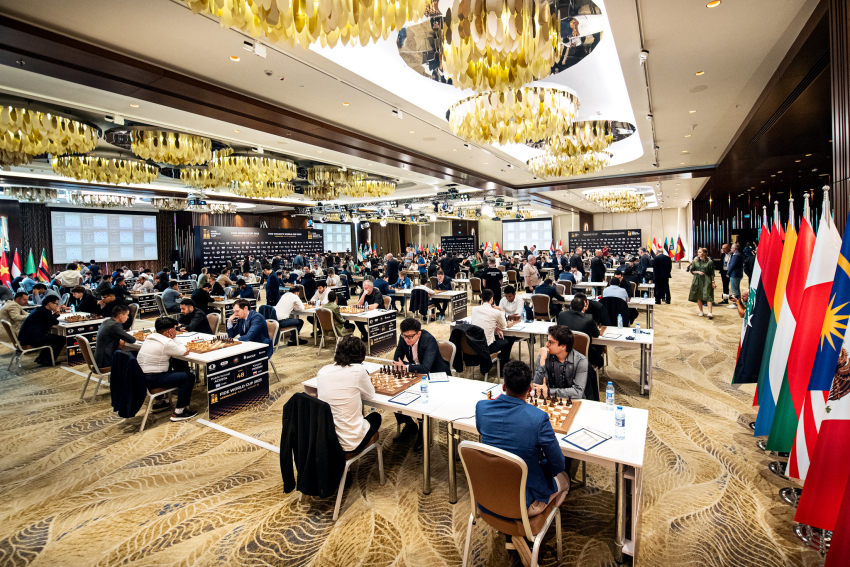 Round 1, Game 2 of 2023 World Cup in Baku, Azerbaijan. Photo by Stev Bonhage