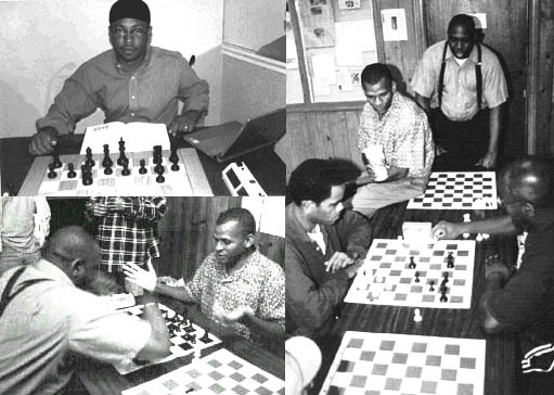 Clockwise: Frank Johnson at one of his many study sessions with Shredder. A blitz session between a determined Issac Hinch (L) and a trash-talkin' Donald Jackson (R) draws an audience of FM Stephen Muhammad and Sulaiman Smith (standing). Smith and Muhammad set battle into motion with a 3-minute match of their own. Did Sulaiman knock over the pieces again??