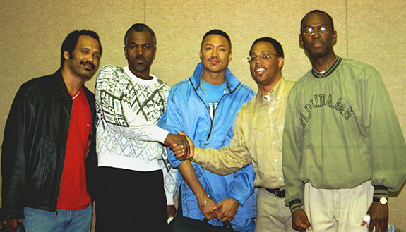 (L-R) FM Emory Tate, Sam Ford, Billy Turner, Frank Johnson, and Daaim Shabazz at 2001 National Open in Las Vegas. Copyright  2001, Frank Johnson.