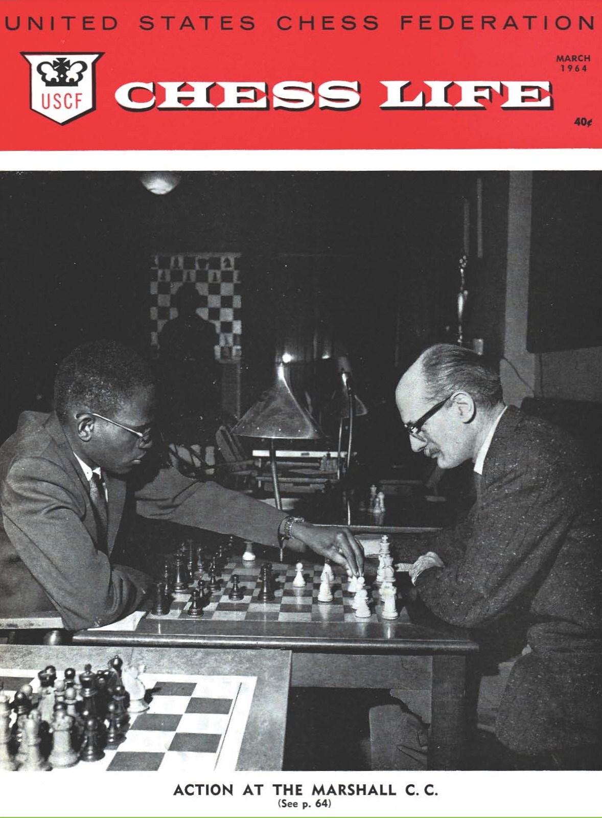 Walter Harris is shown playing William Slater at the Marshall Chess Club in 1964. The caption identified Harris as the first 