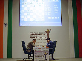 Topalov and Anand square in a pivotal 5th game. Photo by ChessBase.