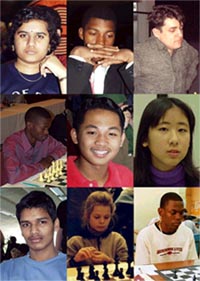 top row: GM Koneru Humpy (India), IM Robert Gwaze (Zimbabwe), GM Levon Aronian (Armenia); middle row: IM Amon Simutowe (Zambia), IM Mark Paragua (Philippines), WIM Cindy Tsai (U.S.A.); bottom row: GM Pentyala Harikrishna (India), WGM Tatiana Kosintseva (Russia), Daren Wisdom (Jamaica) 