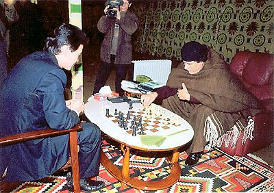 FIDE President Kirsan Ilyumzhinov in a publicity shot with Libyan President Colonel Moammar Al-Qathafi.