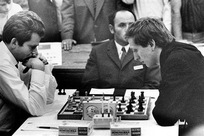 Robert James Fischer (right) playing Boris Spassky in the 1972 World Championship Chess match.