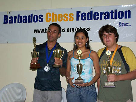 FM Isam Ortiz (Cuba), WIM Nadya Ortiz (Columbia) and Luis Ibarra (Mexico) flash their trophies at the closing ceremonies.