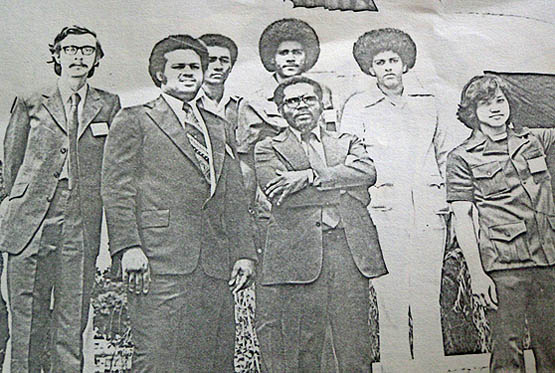 Jamaica's team at the opening ceremony of the 23rd World Students' Chess Olympiad in Caracas, Venezuela, 7-22 August, 1976. From left: Bob Wheeler, John Powell (deceased), Peter Mundell, David Hunt (deceased), Enos Grant (Captain/delegate, deceased), Orrin Tonsingh (deceased), and Sheldon Wong.