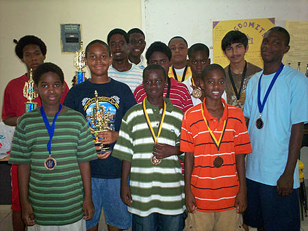 Participants of 2007 Bahamas Jr. Championship - from left Sanchez Brown, Akini Morris, Dante Delaney, Kristian Plakaris, Elton Joseph, Javon Parker, Gary Black, Gary Deal-Laroda, David Bullard, Travis Miller, Sameer Chopra and LeShawn Smith. Photo by Bahamas Chess Federation.