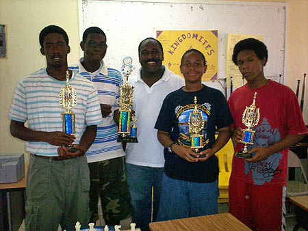 Top finishers-from left Kristian Plakaris, Elton Joseph, Kean Smith, Dante Delaney and Sanchez Brown. Photo by Bahamas Chess Federation.