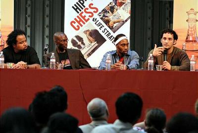 From left, Rakaa of Dilated Peoples, Daaim Shabazz, Creator/Webmaster of The Chess Drum, RZA of Wu-Tang Clan, and Josh Waitzkin, former National Chess Champion and author of the book 