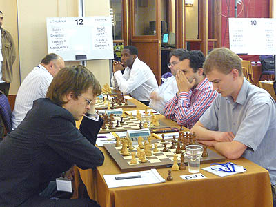 Lithuania-Sweden at the 2007 European Team Championships with GM Pontus Carlsson at the far end waiting on his opponent. Photo courtesy of chessdom.com.