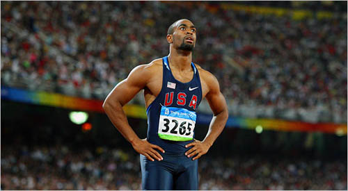 Tyson Gay shows shock after failing to make the 100m final at Beijing Olympics.