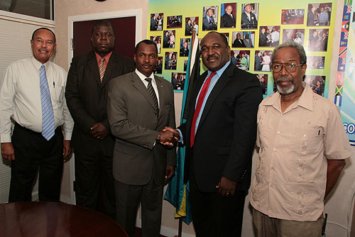 From left to right Mr. Archie Nairn, Permanent Secretary of Ministry of Youth and Sports; Mr. Milton Evans, Vice President of The Bahamas Chess Federation (BCF); Hon. Desmond Bannister, Minister of Youth and Sports; Mr. Kean A. Smith, President of The BCF and Mr. Warren Seymour, BCF Tournament Director  and BCF Scholastic Chess Trainer.