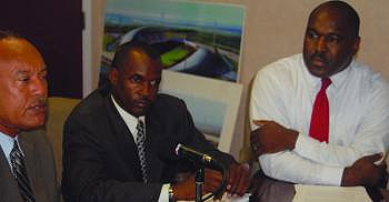 L-R: Permanent Secretary in the Ministry of Youth, Sports and Culture Archie Nairn; Sports Minister, Desmond Bannister and Bahamas Chess Federation President, Kean Smith during Thursday’s press conference. (Photo/Bernard Newbold)