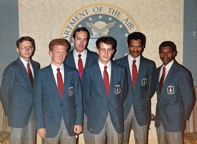 The Air Force at the 1987 U.S. Armed Forces Championship banquet in Washington, D.C. Left to right: Brian Lankey, Bobby Moore, Greg Vitko, Martin Dean, Emory Tate Jr. and Leroy Hill. 
Photo by U.S. Air Force Morale, Welfare and Recreation (MWR).