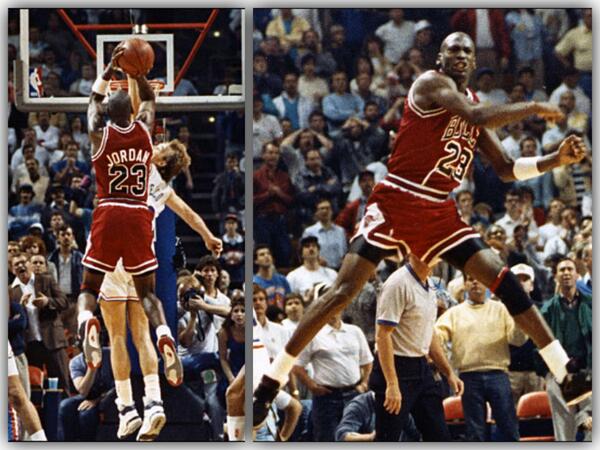 Michael Jordan celebrates winning shot over Craig Ehlo in first round of 1989 NBA playoffs.