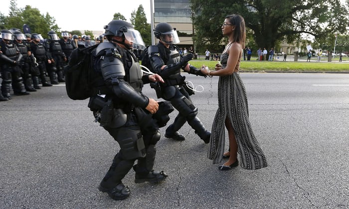 Ieshia Evans staging a protest at Black Lives Matter rally in Baton Rouge. Photo by Jonathan Bachmann/Reuters