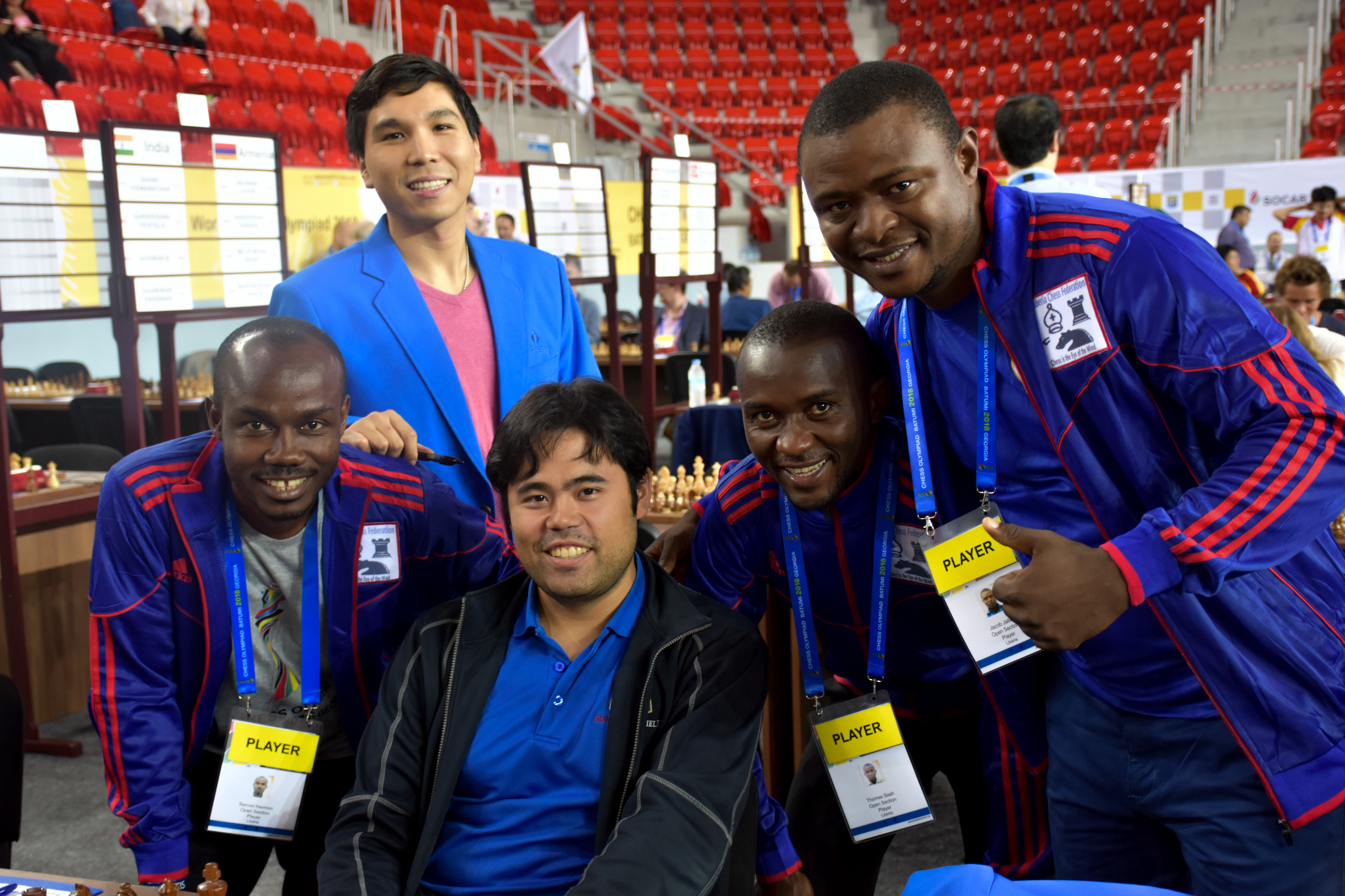 Wesley So and Hikaru Nakamura with Liberia at 2018 Chess Olympiad in Batumi. Photo by David Llada