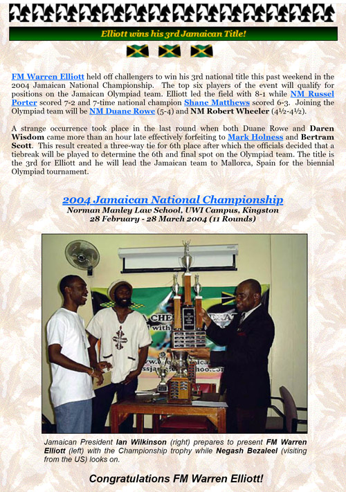 	
Jamaican President Ian Wilkinson (right) prepares to present FM Warren Elliott (left) with the Championship trophy while Negash Bezaleel (visiting from the US) looks on.