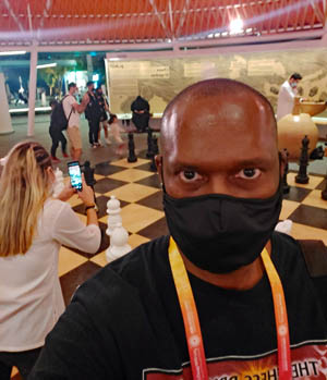 Chess was featured prominently at Expo 2020. This is the Spanish chess pavilion where the chess broadcasts took place. Photo by Daaim Shabazz. At the Spanish chess pavilion at the Expo 2020. Photo by Daaim Shabazz.