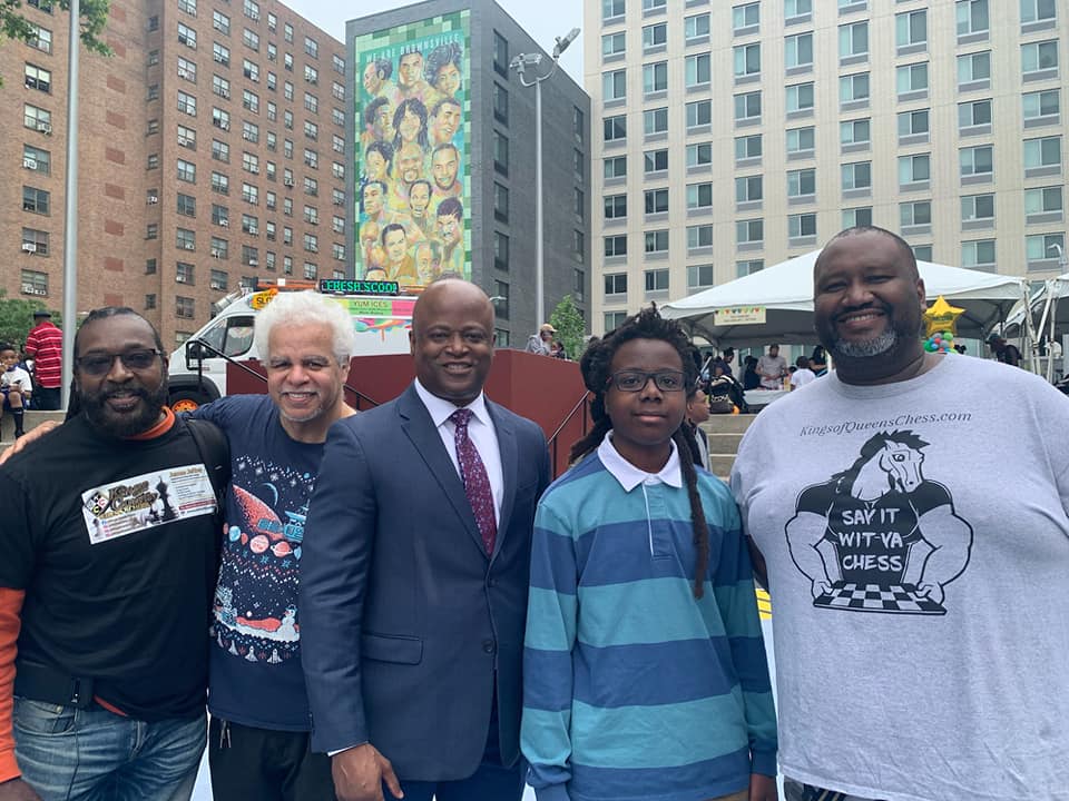 Maurice Ashley (center) with other Brooklynites (L-R): James Jeffery, National Master Stephen Colding, Sadiq Sekou, and National Master Tyrell Harriott. Photo courtesy of Tyrell Harriott.