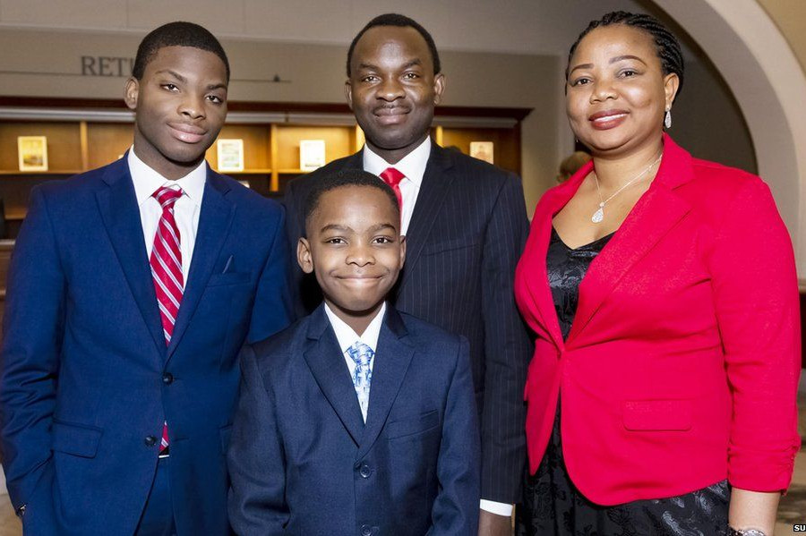 Austin, Kayode and Oluwayoyin with Tani Adewumi last year. Photo by Epoch Times