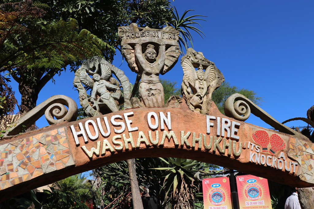 House on Fire. They were preparing for the MTN BUSHFIRE concert featuring Hugh Masakela, the South African trumpeter. The concert draws 20,000 people from around the world. Photo by Daaim Shabazz.