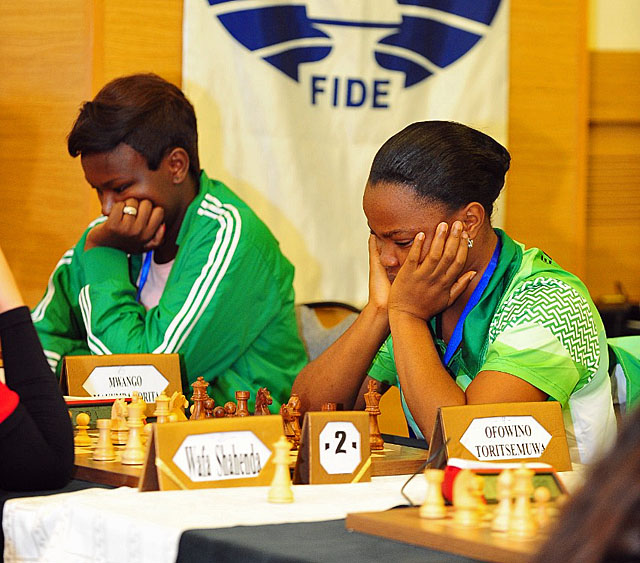 Lorita Mwango (Zambia) and Toritsemuwa Ofowino. Photo by Mohamed Bounaji/FIDE