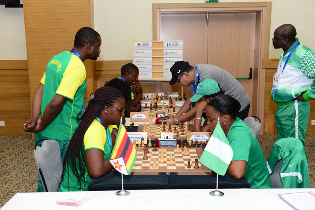 Zimbabwe vs. Nigeria fought to a thrilling 2-2 draw. Photo by Mohamed Bounaji/FIDE