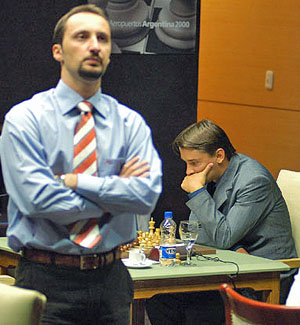 Topalov (left) has played with vigor and courage.  (Photo courtesy of WCC official site)