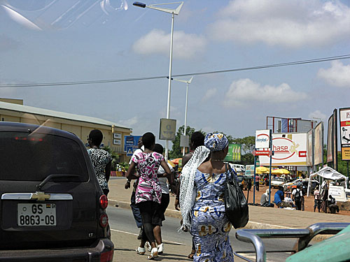 Outside of Accra, in a town called Tema... pedestrian traffic is bustling.