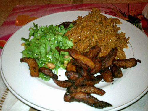 I kept it simple with my vegan fare (salad, plantains and jollof rice). There was one other vegan and we ate lots of rice. It became a running joke! The food was good and I went back a couple more times.