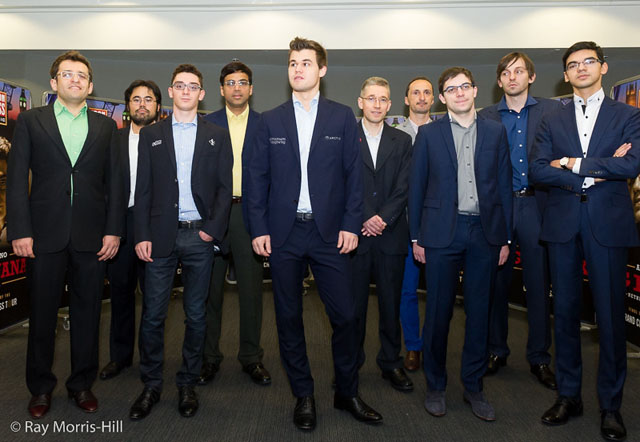 Levon Aronian, Hikaru Nakamura, Fabiano Caruana, Viswanathan Anand, Magnus Carlsen, Michael Adams, Veselin Topalov, Maxime Vachier-Lagrave, Alexander Grischuk, Anish Giri. Photo by Ray Morris-Hill.