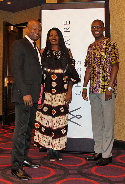 GM Maurice Ashley with MC supporters Adia Onyango and Daaim Shabazz. Photo by Daaim Shabazz.
