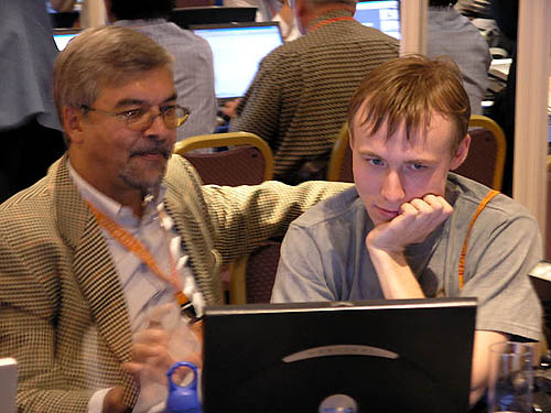 Sitting across from me was the ChessBase team. Here is the brainchild, Frederic Friedel (left) showing Ukraines Ruslan Ponomariov new software features. Ponomariov perhaps spent too much time hanging out in the press room.